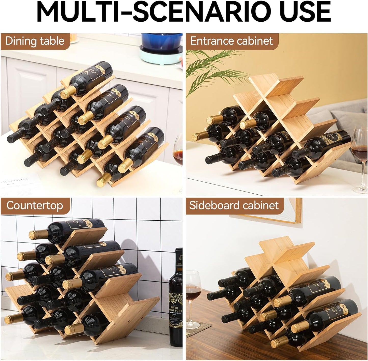 "Rustic 4-Tier Wooden Wine Rack - Holds 13 Bottles with Glass Holder - Free Standing and Countertop Storage Shelf"