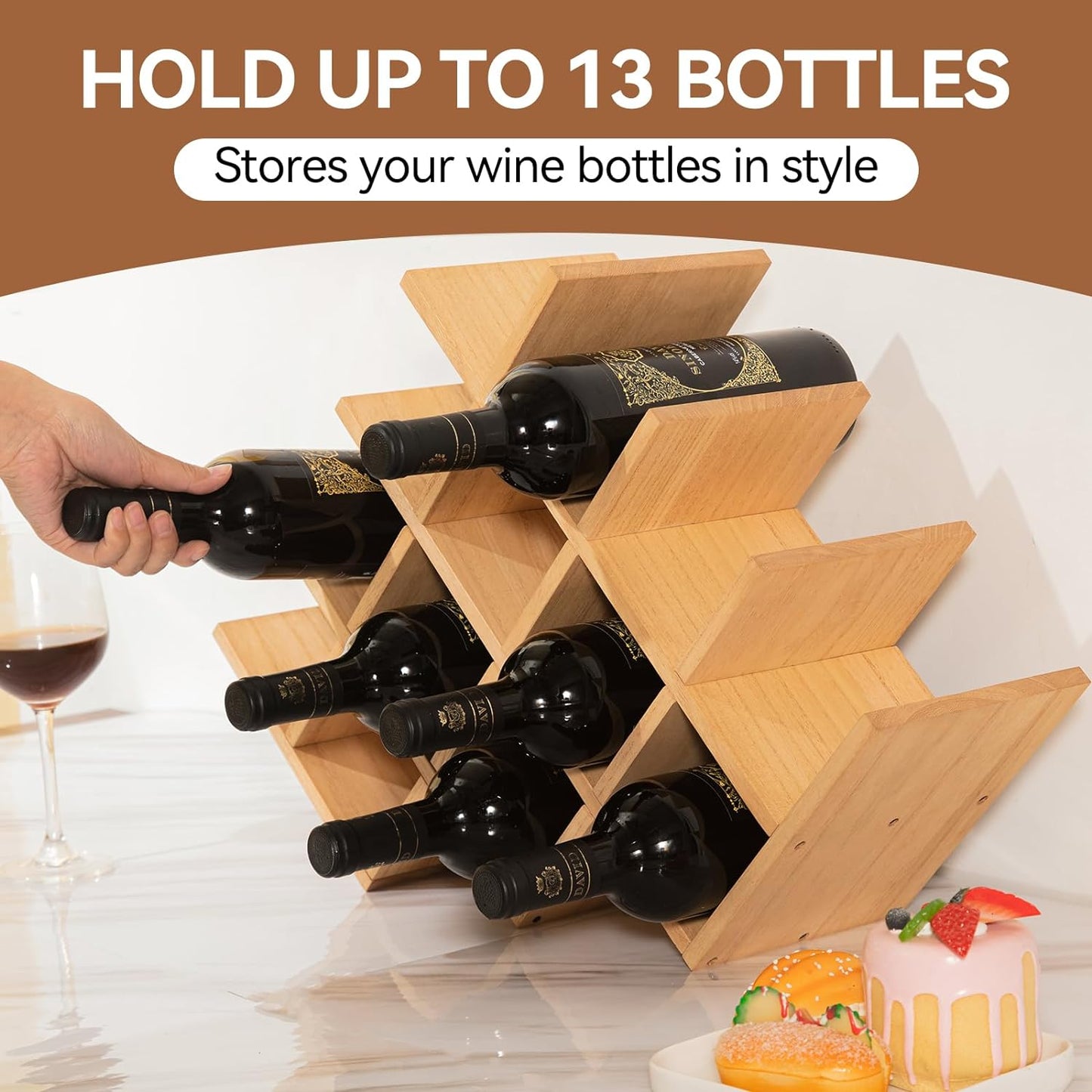 "Rustic 4-Tier Wooden Wine Rack - Holds 13 Bottles with Glass Holder - Free Standing and Countertop Storage Shelf"
