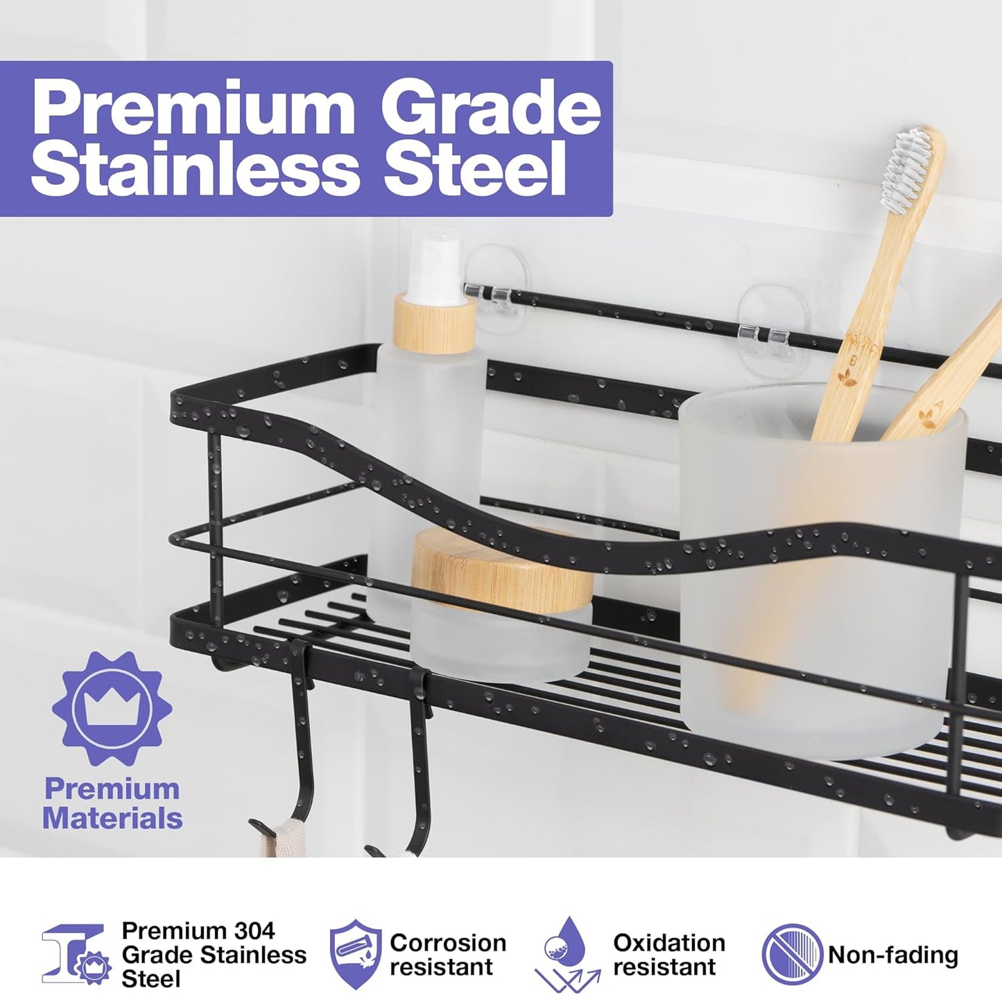 Luxury Matte Black Shower Caddy Organizer with Hooks