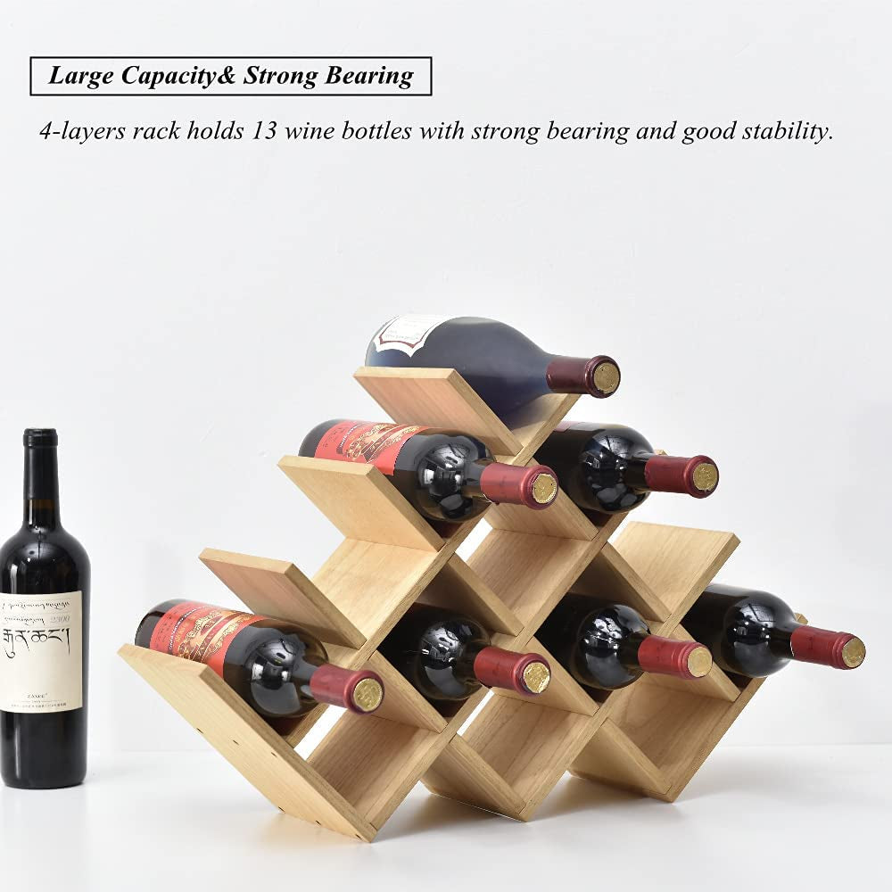 "Rustic 4-Tier Wooden Wine Rack - Holds 13 Bottles with Glass Holder - Free Standing and Countertop Storage Shelf"
