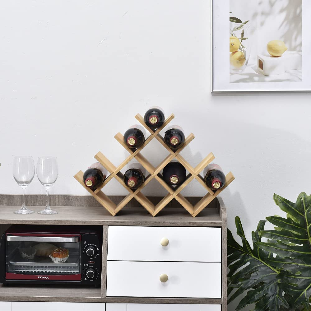 "Rustic 4-Tier Wooden Wine Rack - Holds 13 Bottles with Glass Holder - Free Standing and Countertop Storage Shelf"