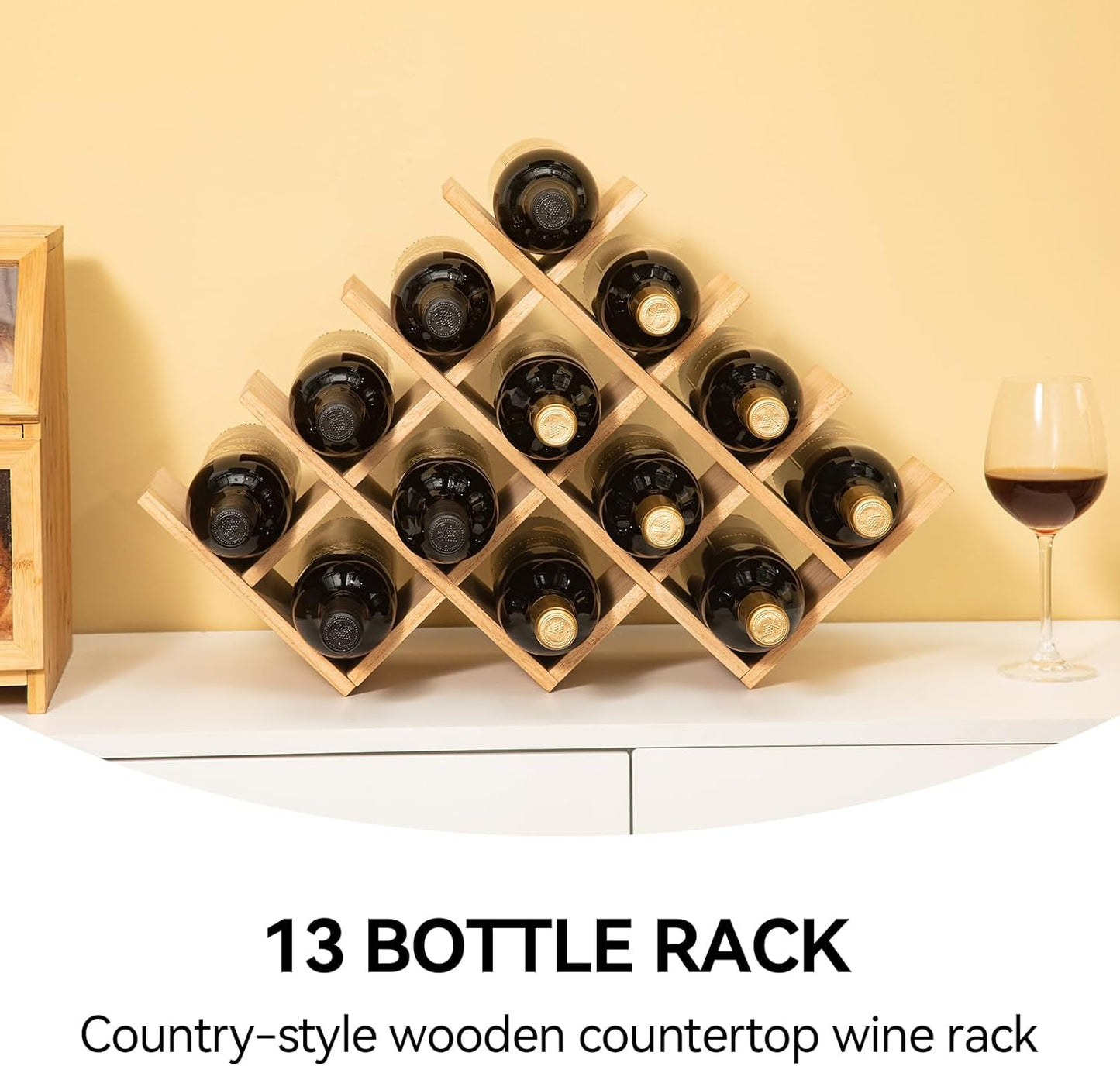 "Rustic 4-Tier Wooden Wine Rack - Holds 13 Bottles with Glass Holder - Free Standing and Countertop Storage Shelf"