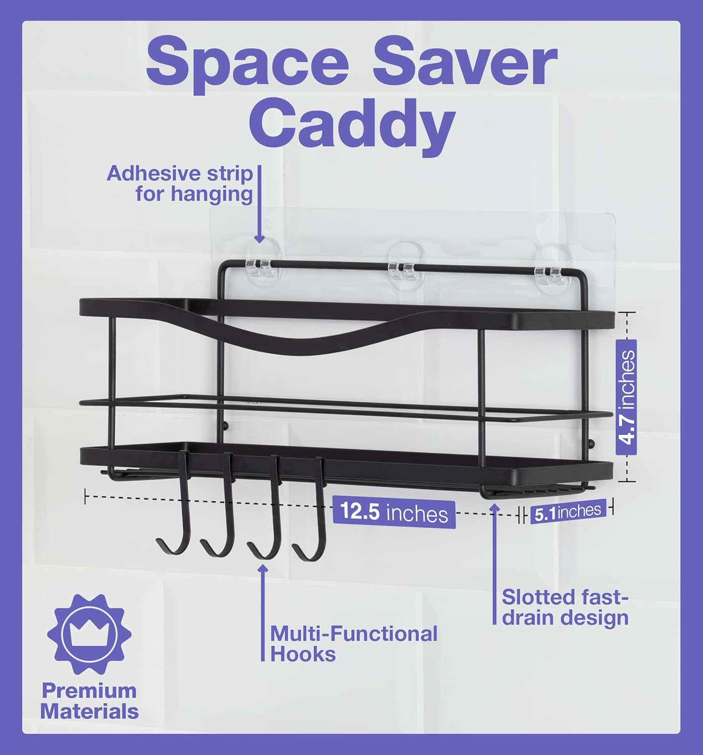 Luxury Matte Black Shower Caddy Organizer with Hooks