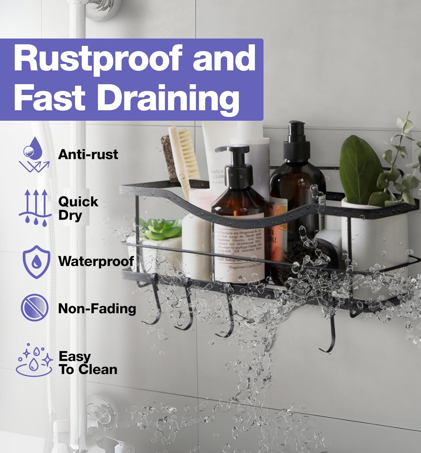 Luxury Matte Black Shower Caddy Organizer with Hooks
